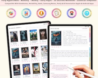 Diario digital de películas y series de televisión para Goodnotes / Rastreador de reseñas de películas / Registro de programas de televisión / Planificador para iPad / Planificador digital de películas para series