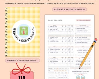 Printable Weight Loss Planner Bundle | Undated Weight Tracker & Meal Plan | Body Measurement Chart A4 A5 Letter | Weight Loss Journal