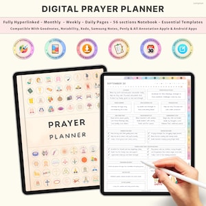Könnte beinhalten: Digitaler Gebetsplaner auf zwei Tablets. Der Planer bietet monatliche, wöchentliche und tägliche Seiten mit 56 Abschnitten. Das Cover zeigt den Titel "PRAYER PLANNER" und Symbole. Das zweite Tablet zeigt eine Tagesseite mit Kontrollkästchen und Text.