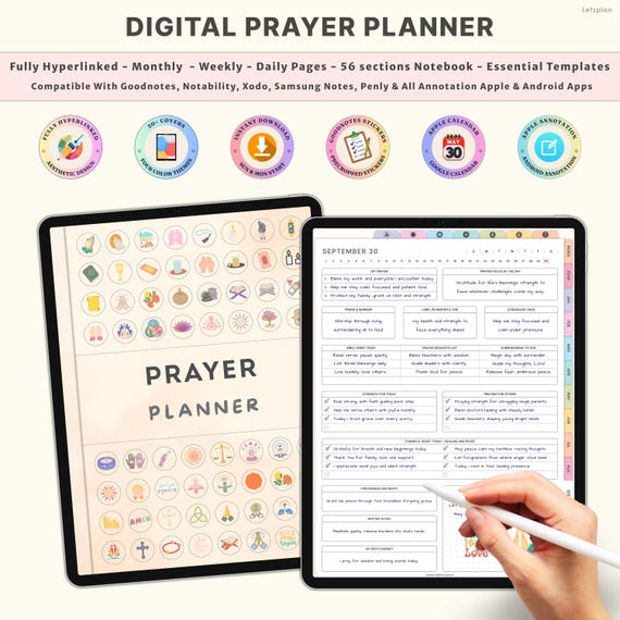 Christian Digital Prayer Planner Bible Journal | Faith Notebook Sermon Notes Template for GoodNotes iPad Notability Hyperlinked Devotional