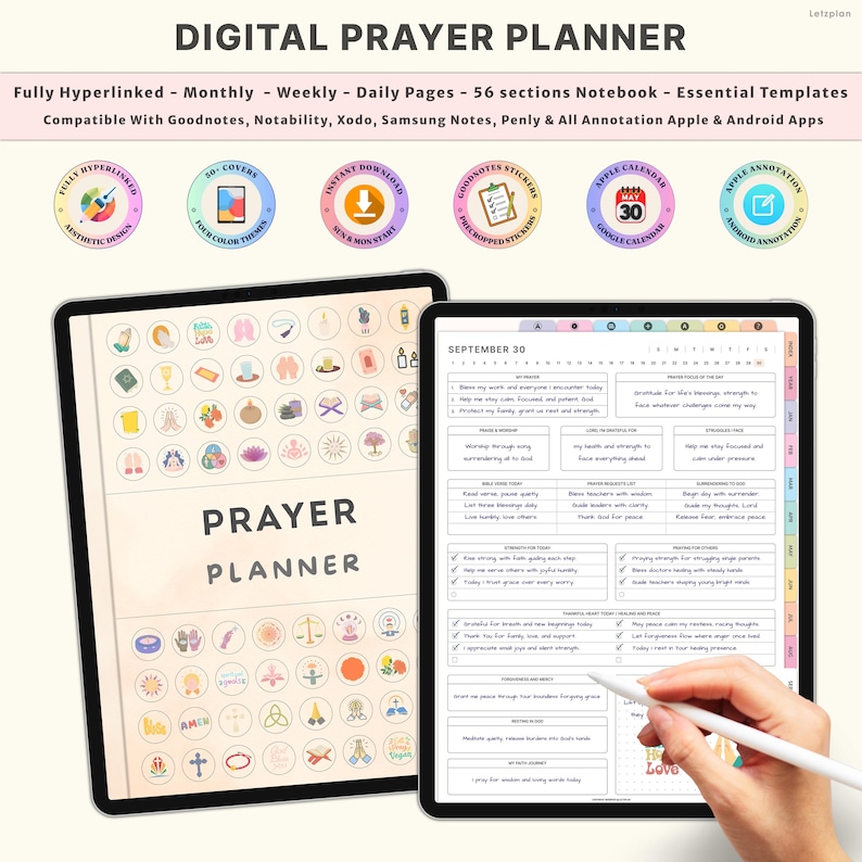 May include: Digital prayer planner displayed on two tablets. The planner features a monthly, weekly, and daily layout with 56 sections. The cover displays the title "PRAYER PLANNER" and icons. The second tablet shows a daily page with checkboxes and text. Compatible with Goodnotes and other apps.