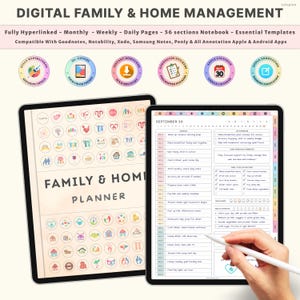 May include: Two digital tablets displaying a digital family and home planner. The planner includes sections for monthly, weekly, and daily planning, with 56 sections. The tablets are black, and the planner has a beige background with colorful icons and text.