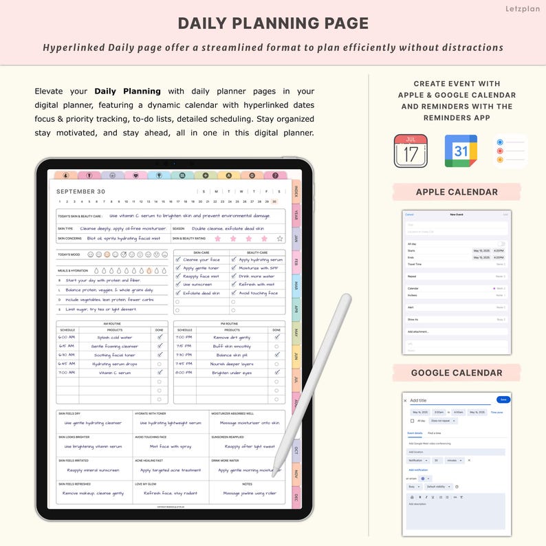 May include: A digital daily planning page displayed on a tablet, featuring a dynamic calendar, to-do lists, and scheduling options. The page includes sections for beauty routines, skincare, and notes. A white stylus rests on the screen. Text includes "Daily Planning Page".