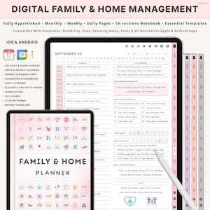 Pode incluir: Um planejador digital de gerenciamento familiar e doméstico exibido em um tablet e um dispositivo menor. O planejador inclui visualizações diárias, semanais e mensais, com seções para agendamento e listas de tarefas. O texto na tela diz "Family & Home Planner."