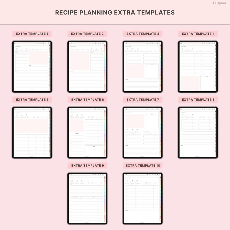 May include: A digital recipe planning template set displayed on ten black tablets. Each tablet shows a different layout with sections for meal planning, grocery lists, and notes. The text "RECIPE PLANNING EXTRA TEMPLATES" is at the top.