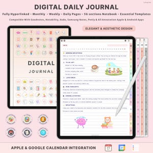 May include: Digital daily journal on two tablets, one showing icons and the other a daily planner layout. The text "DIGITAL JOURNAL" is visible. The image includes the text "Fully Hyperlinked" and "Apple & Google Calendar Integration".