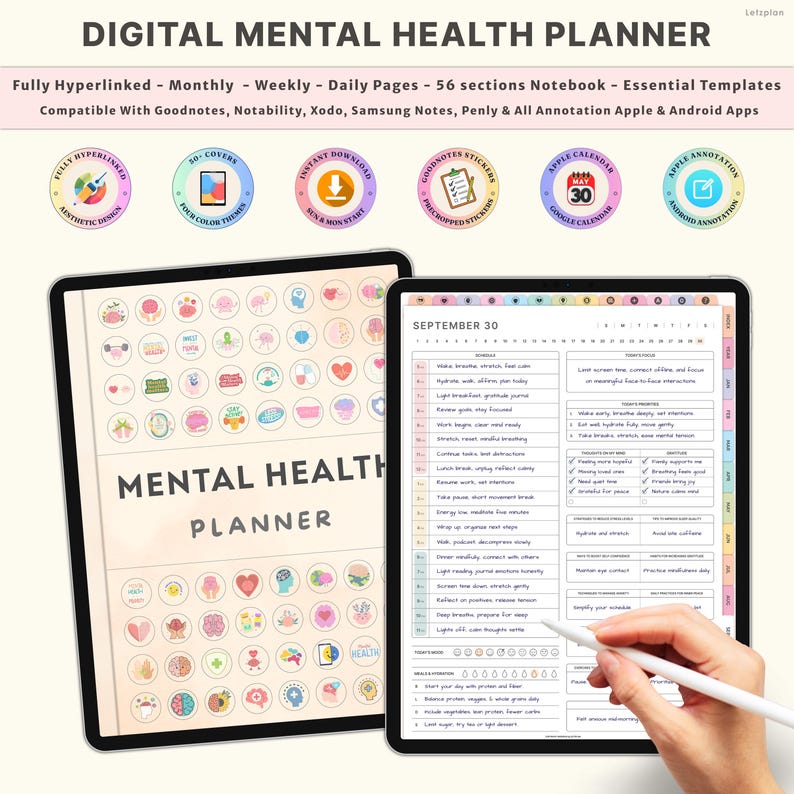 May include: Two digital tablets displaying a "DIGITAL MENTAL HEALTH PLANNER." The planner includes monthly, weekly, and daily pages, with 56 sections and essential templates. The text on the screen reads "MENTAL HEALTH PLANNER" and "SEPTEMBER 30."