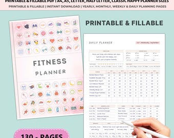 Planner fitness stampabile / Tracker pasti allenamento / Perdita di peso / Registro esercizi Diario delle sfide Benessere A4 A5 Bundle