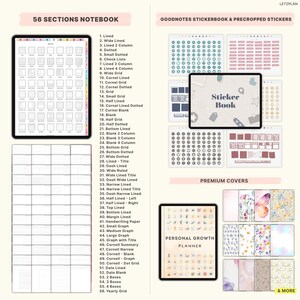Op de afbeelding: Digitale planner- en stickerboekbundel. De afbeelding toont een notitieboek met 56 secties, een stickerboek en een planner voor persoonlijke groei. Het notitieboek bevat gelinieerde, gestippelde en rasterpagina's. Het stickerboek heeft voorgesneden stickers.