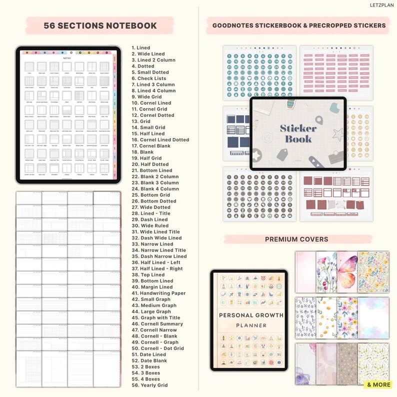 Op de afbeelding: Digitale planner- en stickerboekbundel. De afbeelding toont een notitieboek met 56 secties, een stickerboek en een planner voor persoonlijke groei. Het notitieboek bevat gelinieerde, gestippelde en rasterpagina's. Het stickerboek heeft voorgesneden stickers.