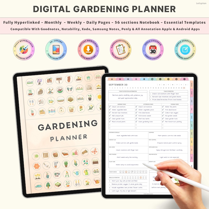 May include: Digital Gardening Planner on a tablet, with monthly, weekly, and daily pages across 56 sections. Compatible with note-taking apps, it includes essential templates. The screen displays "GARDENING PLANNER". The image also shows a hand holding a stylus.