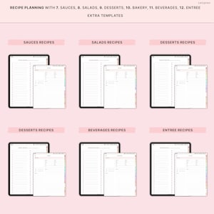 May include: Digital recipe planning templates with sections for sauces, salads, desserts, bakery, beverages, and entrees. Each section includes a tablet and a matching notebook. The text at the top reads "Recipe Planning" and lists the recipe categories.
