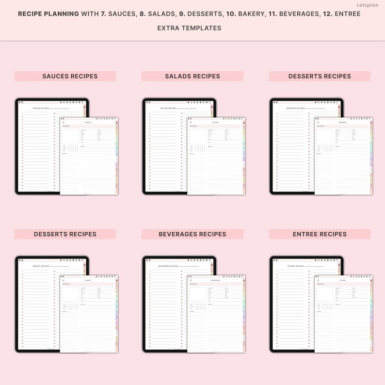May include: Digital recipe planning templates with sections for sauces, salads, desserts, bakery, beverages, and entrees. Each section includes a tablet and a matching notebook. The text at the top reads "Recipe Planning" and lists the recipe categories.