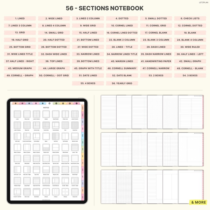May include: Digital notebook with 56 sections, including lined, dotted, grid, and Cornell note layouts. The image shows a tablet displaying various page designs, with a color-coded tab on the side. Text at the top reads "56 - SECTIONS NOTEBOOK".