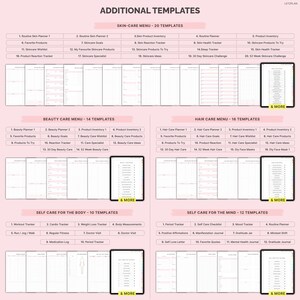 May include: A pink and white template page with various self-care and beauty planning templates. Categories include skincare, beauty, hair care, and self-care for the body and mind. Each section lists multiple templates.