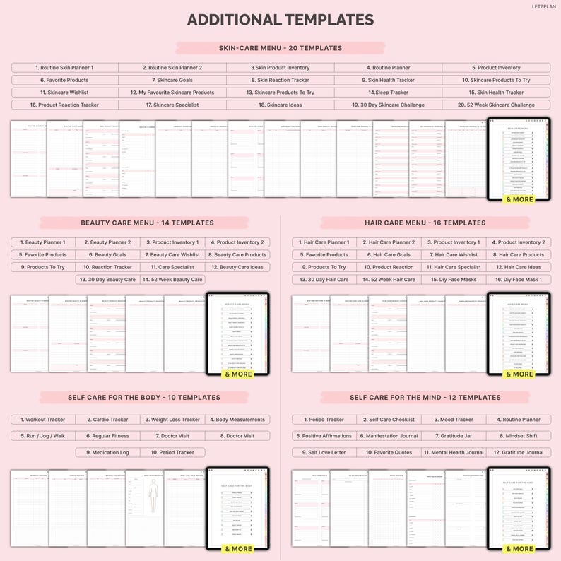 May include: A pink and white template page with various self-care and beauty planning templates. Categories include skincare, beauty, hair care, and self-care for the body and mind. Each section lists multiple templates.