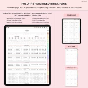 K&ouml;nnte beinhalten: Ein digitaler Planer auf einem Tablet, der eine vollst&auml;ndig verlinkte Indexseite zeigt. Das Bild enth&auml;lt Kalender-, Jahresplan- und Jahresdatumsabschnitte. Der Text auf dem Bildschirm lautet "Index" und "Kalender". Kompatibel mit GoodNotes, Notability, Xodo, Samsung Notes, Penly und Apple & Android Apps.