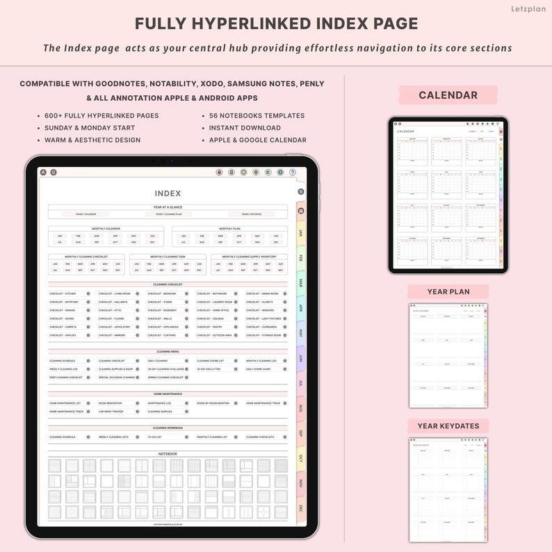 K&ouml;nnte beinhalten: Ein digitaler Planer auf einem Tablet, der eine vollst&auml;ndig verlinkte Indexseite zeigt. Das Bild enth&auml;lt Kalender-, Jahresplan- und Jahresdatumsabschnitte. Der Text auf dem Bildschirm lautet "Index" und "Kalender". Kompatibel mit GoodNotes, Notability, Xodo, Samsung Notes, Penly und Apple & Android Apps.