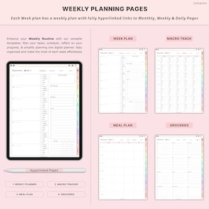 May include: Digital weekly planner with hyperlinked pages. The image shows a tablet displaying a planner layout with sections for weekly planning, macro tracking, meal planning, and groceries. A stylus is also present.