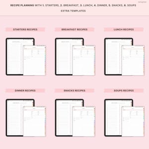 May include: Digital recipe planning templates with sections for starters, breakfast, lunch, dinner, snacks, and soups. Each section includes a tablet and a matching notebook. The text on the image reads: Recipe Planning with 1. Starters, 2. Breakfast, 3. Lunch, 4. Dinner, 5. Snacks, 6. Soups.