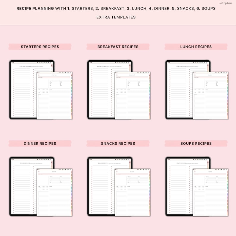 May include: Digital recipe planning templates with sections for starters, breakfast, lunch, dinner, snacks, and soups. Each section includes a tablet and a matching notebook. The text on the image reads: Recipe Planning with 1. Starters, 2. Breakfast, 3. Lunch, 4. Dinner, 5. Snacks, 6. Soups.