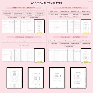 K&ouml;nnte beinhalten: Ein rosa Grafik mit dem Text "ADDITIONAL TEMPLATES" und verschiedenen Men&uuml;optionen. Die Men&uuml;s umfassen Produktivit&auml;t, Brain Dump, Routine und Finanzen, jeweils mit mehreren Vorlagen. Digitale Tablets sind ebenfalls abgebildet.