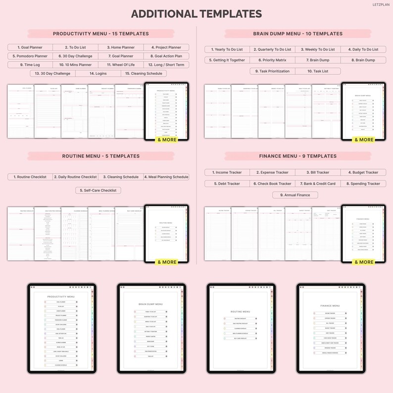 K&ouml;nnte beinhalten: Ein rosa Grafik mit dem Text "ADDITIONAL TEMPLATES" und verschiedenen Men&uuml;optionen. Die Men&uuml;s umfassen Produktivit&auml;t, Brain Dump, Routine und Finanzen, jeweils mit mehreren Vorlagen. Digitale Tablets sind ebenfalls abgebildet.