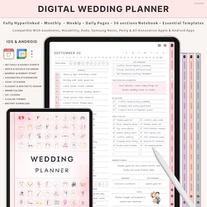 May include: Digital wedding planner displayed on a tablet and smaller device. The planner features daily, weekly, and monthly sections, a calendar, and to-do lists. Compatible with iOS and Android, it includes stickers.