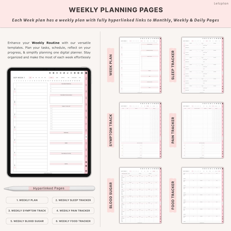 Pu&ograve; includere: Planner digitale con pagine di pianificazione settimanale. Include un piano settimanale, un rilevatore del sonno, un rilevatore dei sintomi, un rilevatore del dolore, dello zucchero nel sangue e del cibo. Il testo recita "Weekly Planning Pages" e "Hyperlinked Pages."