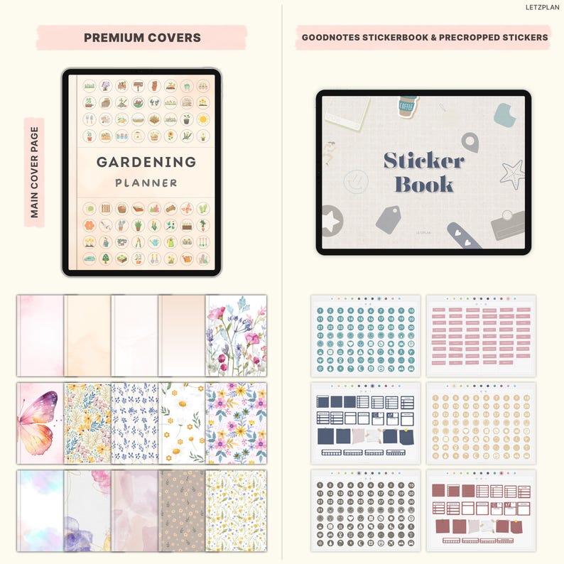 May include: Digital planner and sticker book set. The image shows a tablet displaying a "Gardening Planner" and a "Sticker Book". Below are various cover designs and sticker sheets with floral and geometric patterns. The text "Premium Covers" and "Goodnotes Stickerbook & Precropped Stickers" are visible.