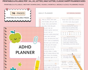 May include: ADHD planner with a pink and white checkered cover, featuring an apple graphic and the text "ADHD PLANNER." The planner includes daily, weekly, and monthly planning pages, with a total of 74 pages. A pencil graphic is also visible.
