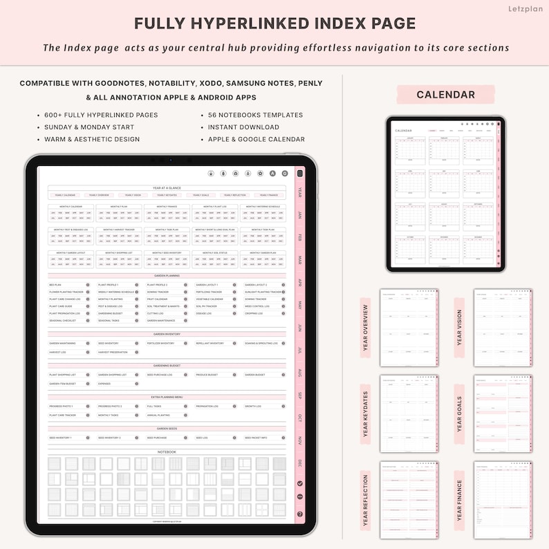 May include: Digital planner with a fully hyperlinked index page. The planner includes 600+ pages, 56 notebook templates, and is compatible with GoodNotes, Notability, Xodo, Samsung Notes, Penly, and Apple & Android apps. The design features a warm and aesthetic design.
