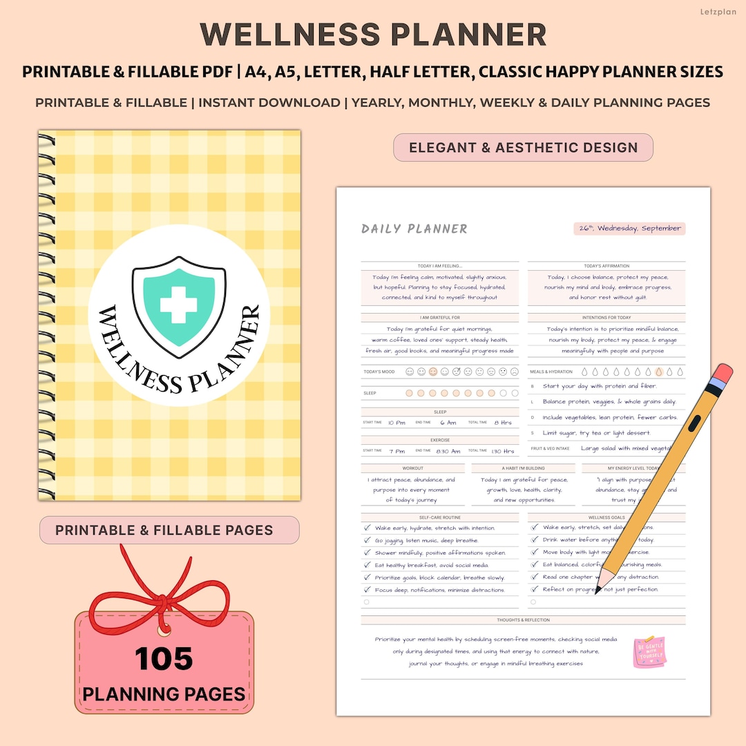 Printable Wellness Planner Bundle | Undated Health & Self Care Journal ...