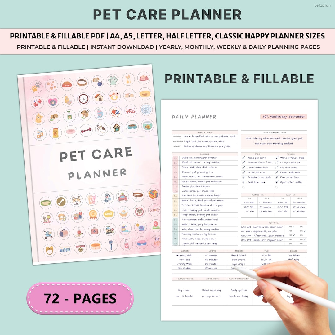 Pet Care Planner Printable | Vet Health Medication Tracker Log ...