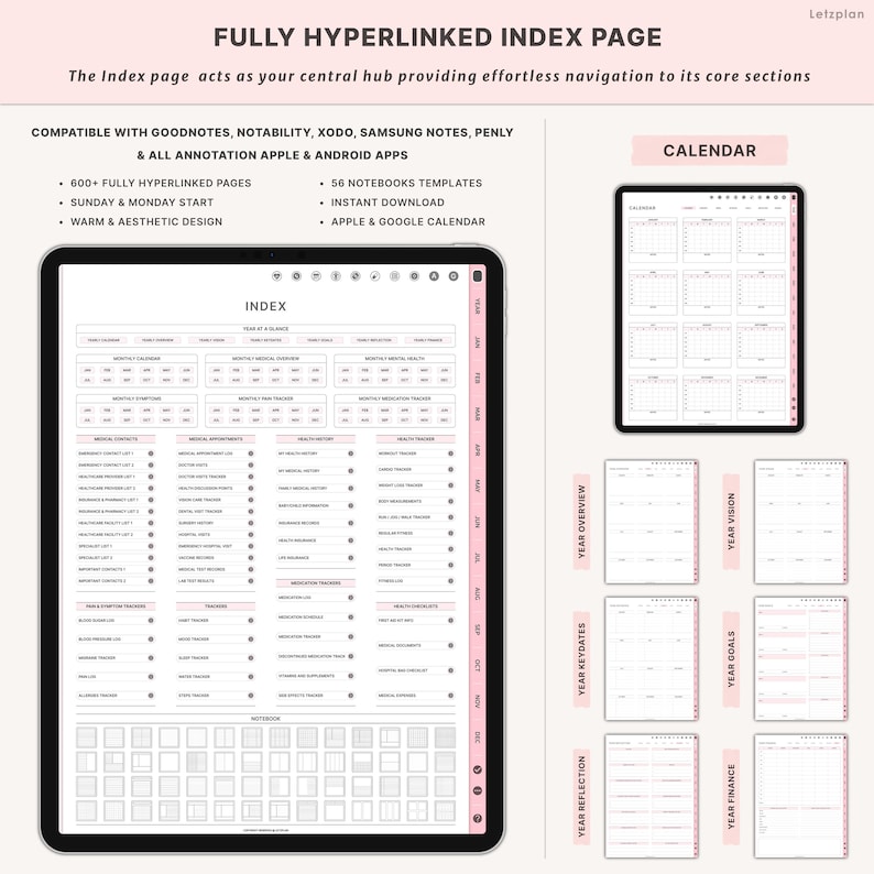 Pu&ograve; includere: Un pianificatore digitale visualizzato su un tablet, con un design rosa e bianco. Il pianificatore include una pagina indice, un calendario e varie sezioni di monitoraggio. Il testo sull'immagine recita "FULLY HYPERLINKED INDEX PAGE" e "CALENDAR".