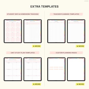 May include: Digital planner templates displayed on black tablets. The templates include student info, homework tracking, teacher planning, unit study plans, and custom planning pages. The text "EXTRA TEMPLATES" is at the top.
