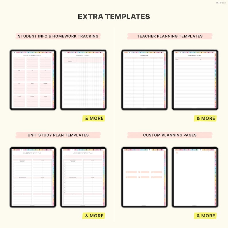 May include: Digital planner templates displayed on black tablets. The templates include student info, homework tracking, teacher planning, unit study plans, and custom planning pages. The text "EXTRA TEMPLATES" is at the top.