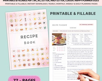 Recipe Planner Printable | Blank Recipe Book Cards Organizer | Cookbook Journal Kitchen A4 A5 Happy Planner Bundle