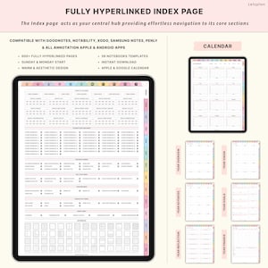 May include: A digital planner displayed on a tablet, featuring a fully hyperlinked index page. The planner includes calendar pages, notebook templates, and sections for year overview, goals, and finance. The design is warm and aesthetic, with a Sunday and Monday start.