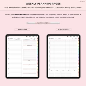 K&ouml;nnte beinhalten: Zwei digitale Tablets mit Wochenplanungsseiten. Die Seiten sind wei&szlig; mit rosa und Regenbogen-Akzenten. Der Text enth&auml;lt "Weekly Planning Pages", "Weekly Plan" und "Weekly Schedule". Ein Stift ist ebenfalls abgebildet.