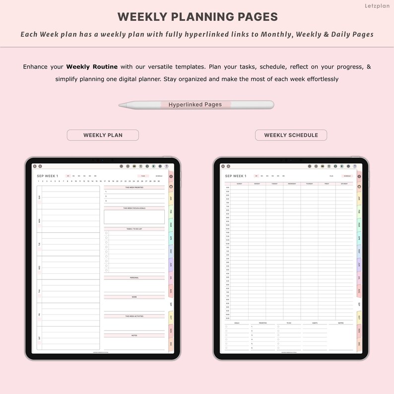 K&ouml;nnte beinhalten: Zwei digitale Tablets mit Wochenplanungsseiten. Die Seiten sind wei&szlig; mit rosa und Regenbogen-Akzenten. Der Text enth&auml;lt "Weekly Planning Pages", "Weekly Plan" und "Weekly Schedule". Ein Stift ist ebenfalls abgebildet.