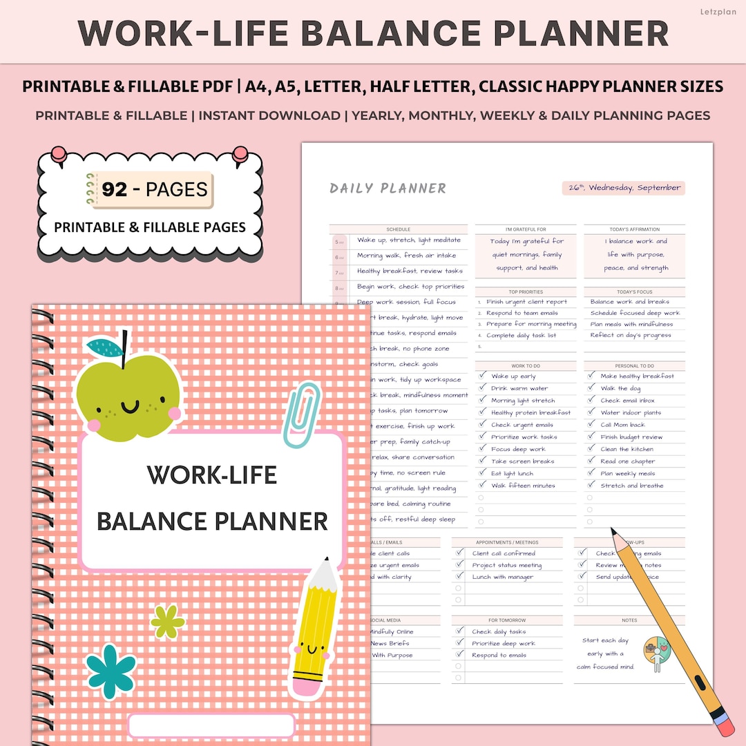 Printable Work Life Balance Planner | Daily Work Tasks Goals Wellness ...