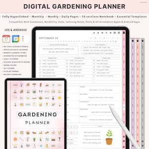 Könnte beinhalten: Ein digitaler Gartenplaner, der auf einem Tablet und einem kleineren Gerät angezeigt wird. Der Planer enthält einen Kalender, Aufgabenlisten und Notizbereiche. Der Text "DIGITAL GARDENING PLANNER" steht oben, mit "GARDENING PLANNER" auf dem kleineren Gerät.