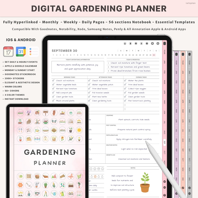 May include: A digital gardening planner displayed on a tablet and a smaller device. The planner features a calendar, task lists, and sections for notes. The text "DIGITAL GARDENING PLANNER" is at the top, with "GARDENING PLANNER" on the smaller device.