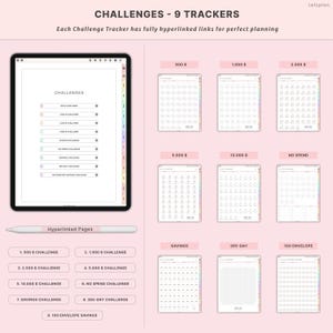 May include: Digital planner with 9 challenge trackers, including savings and no-spend challenges. The planner features hyperlinked pages for easy navigation. The design is on a pink background with a tablet and various tracker layouts.