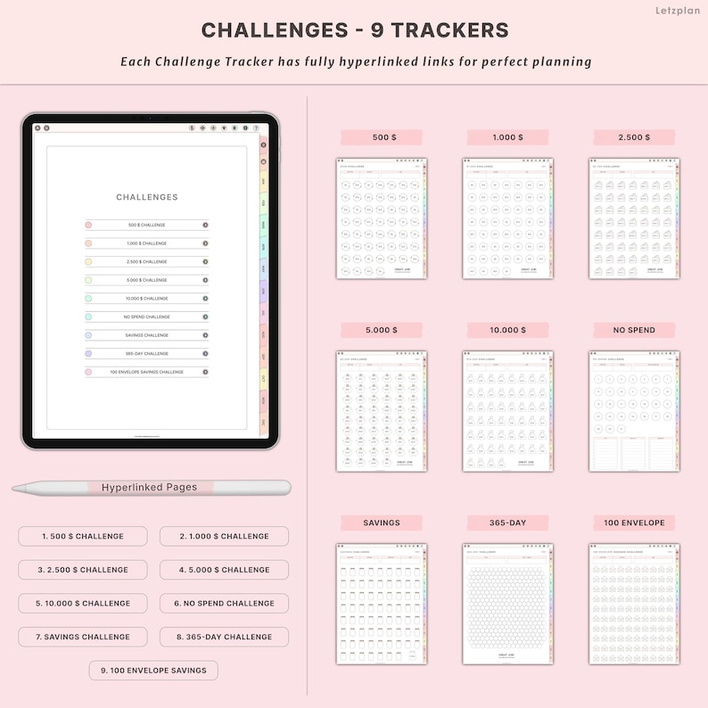 May include: Digital planner with 9 challenge trackers, including savings and no-spend challenges. The planner features hyperlinked pages for easy navigation. The design is on a pink background with a tablet and various tracker layouts.