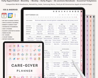 Planificador digital para cuidadores Organizador de atención a personas mayores Carpeta médica Registro diario Lista de verificación del horario de enfermería de salud en el hogar Diario del cuidador