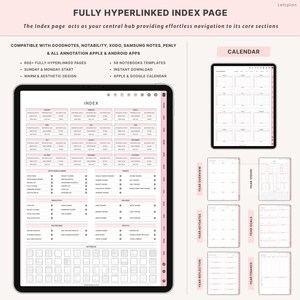 May include: A digital planner displayed on a tablet, featuring a pink and white index page with hyperlinks. The image includes calendar templates and various planning sections. Text on the image reads "FULLY HYPERLINKED INDEX PAGE" and "APPLE & GOOGLE CALENDAR".