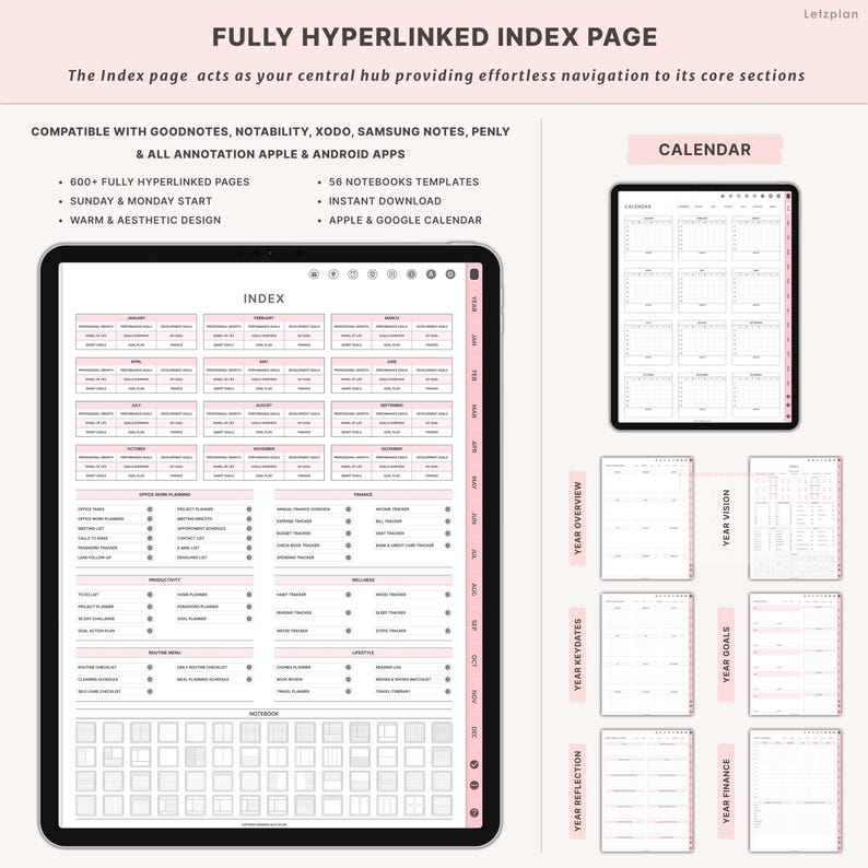 May include: A digital planner displayed on a tablet, featuring a pink and white index page with hyperlinks. The image includes calendar templates and various planning sections. Text on the image reads "FULLY HYPERLINKED INDEX PAGE" and "APPLE & GOOGLE CALENDAR".