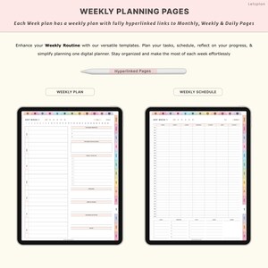 May include: Digital weekly planning pages displayed on two tablets. The left tablet shows a weekly plan layout with sections for tasks and notes. The right tablet displays a weekly schedule. The text "Weekly Planning Pages" is at the top.